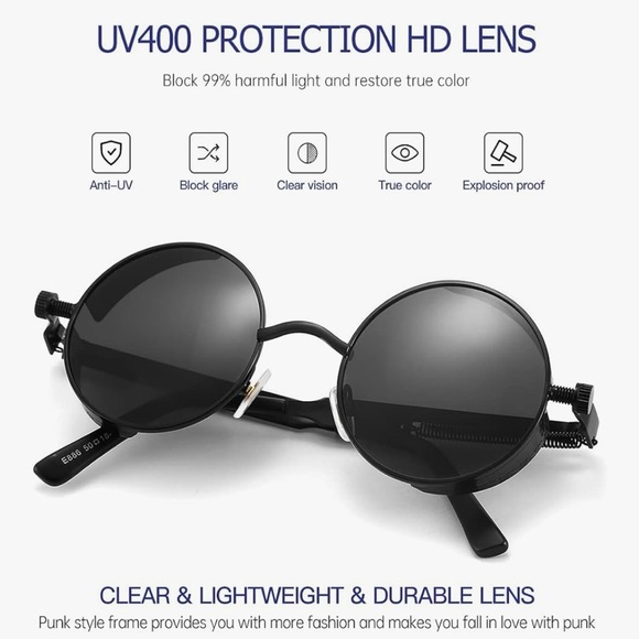 Retro Round Steampunk Black Metallic Sunglasses UV400 for Men & Women Bikercore - Picture 11 of 15